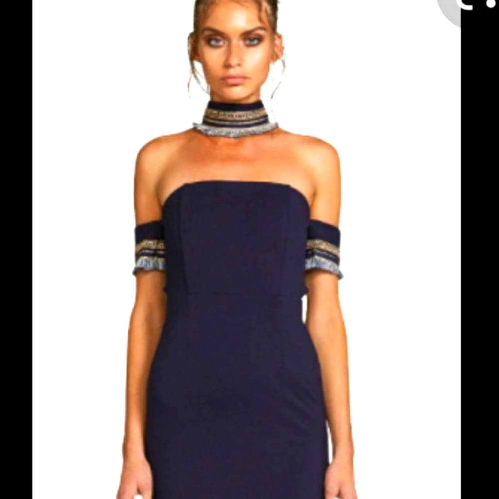 Navy Off-Shoulder Bodycon Dress with Embellished Choker